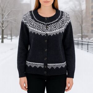 Vintage Cardigan Large Black Nordic Knit Granny Aztec Cozy Sweater